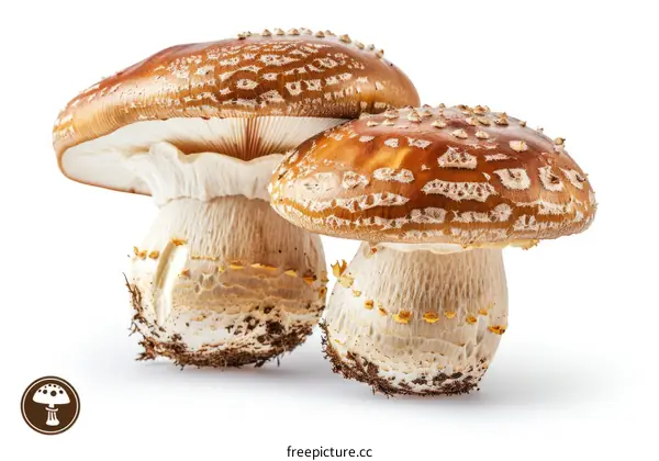 Two brown mushrooms with white spots on a white background
