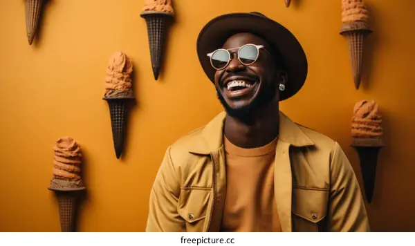 Black man wearing a brown hat and sunglasses smiles in front of a yellow background with ice cream cones