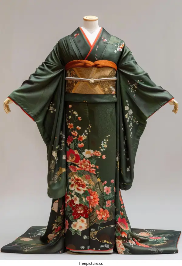 A woman wearing a green kimono with floral patterns