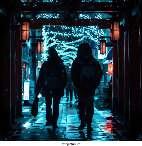 Two People Walking Under Neon Lights in Japan
