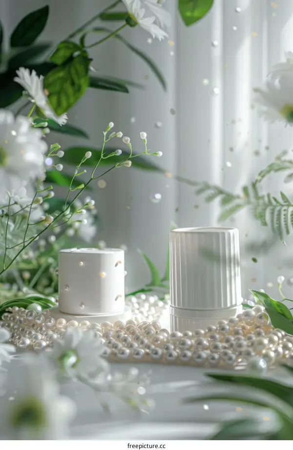 Two white cosmetic jars with pearls and flowers