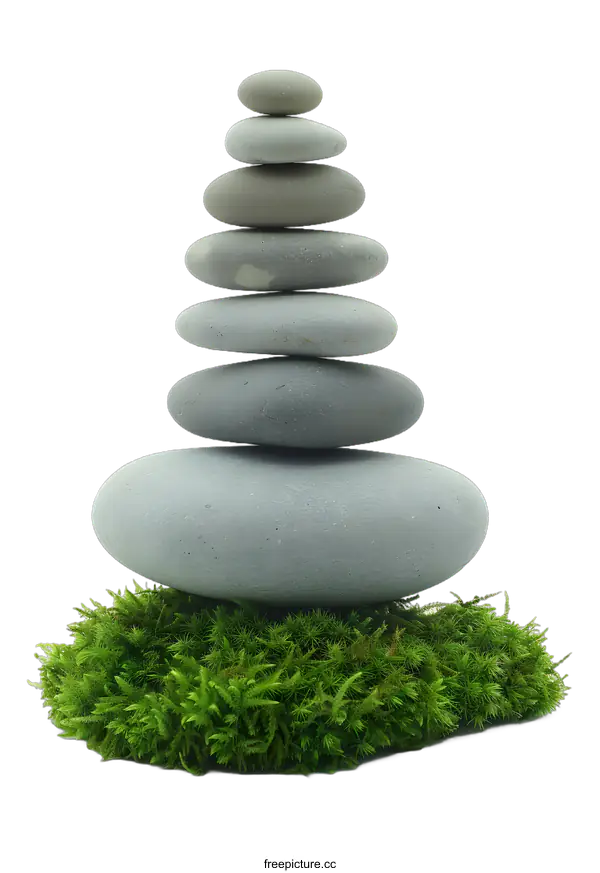 [Transparent Background PNG]Stack of Smooth Gray Stones on Green Moss Base
