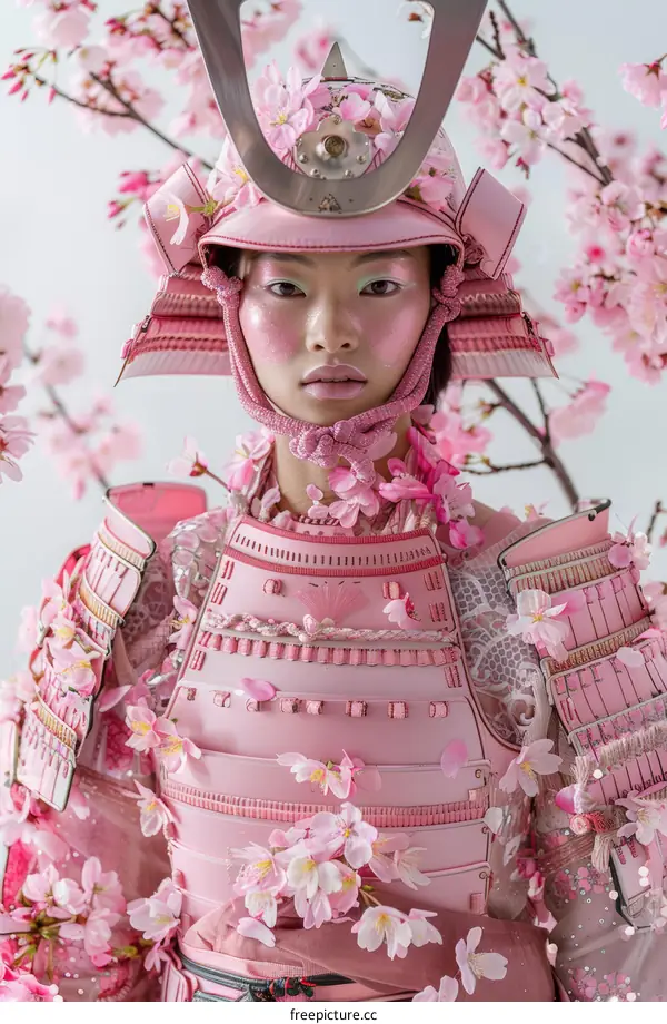 A woman wearing a pink samurai armor stands in front of a cherry blossom tree