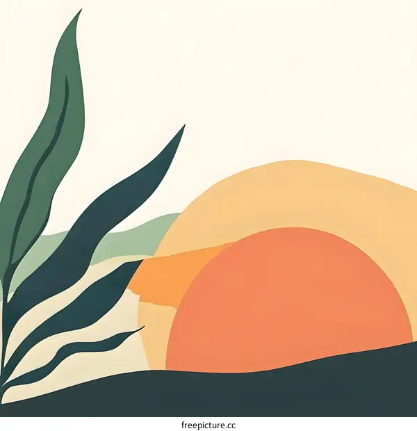 Abstract Landscape with Green Leaves and Sunset