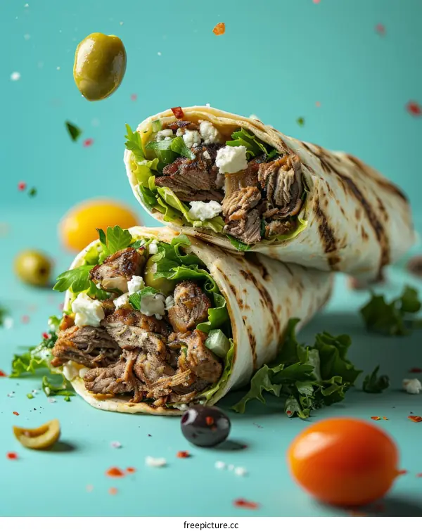 Delicious and healthy Mediterranean wrap with grilled chicken, fresh vegetables and olives