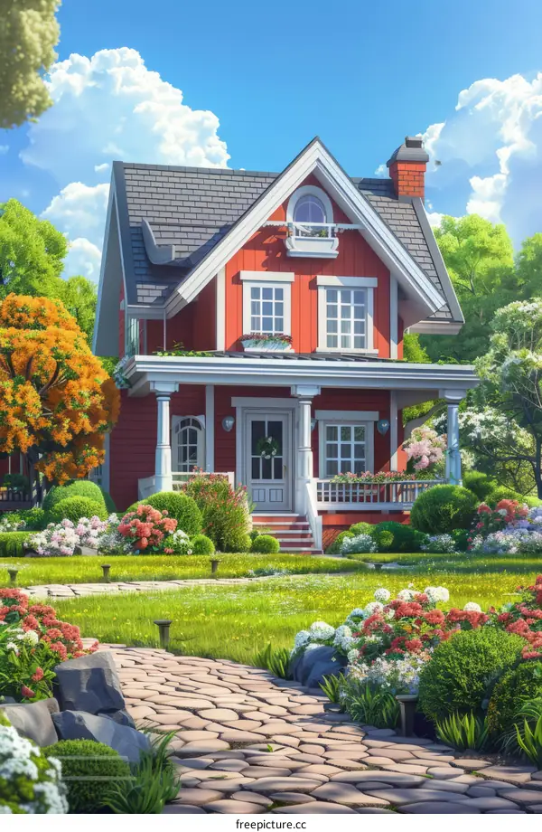 Small red house with a garden full of flowers