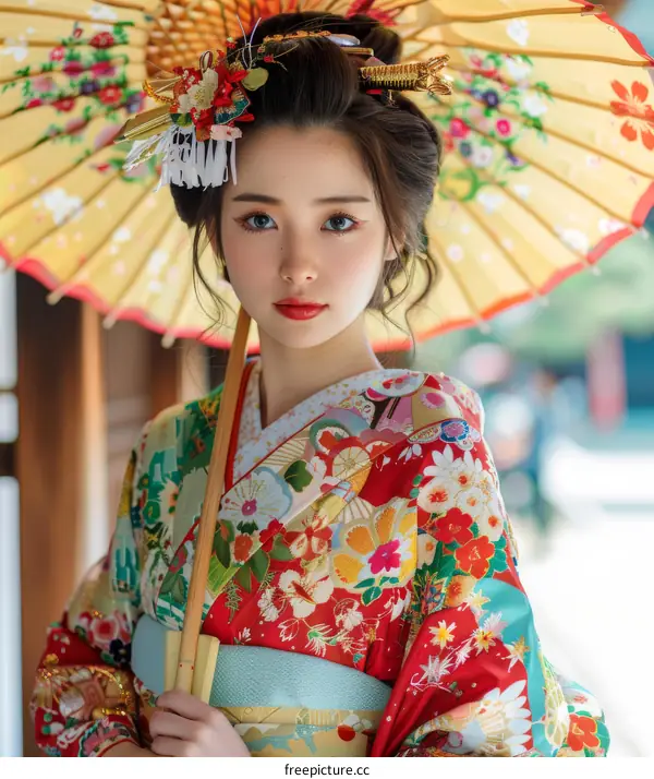 Portrait of a beautiful Japanese woman in traditional kimono holding a colorful umbrella