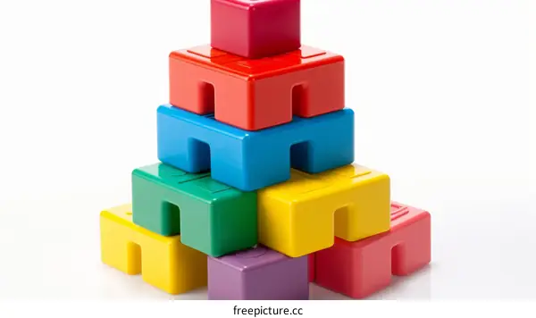 Colorful interlocking plastic blocks arranged in the shape of a pyramid
