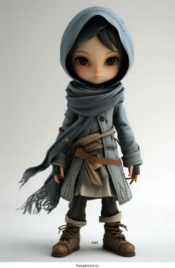 A young girl in a blue cloak and brown boots stands with a sword in her hand
