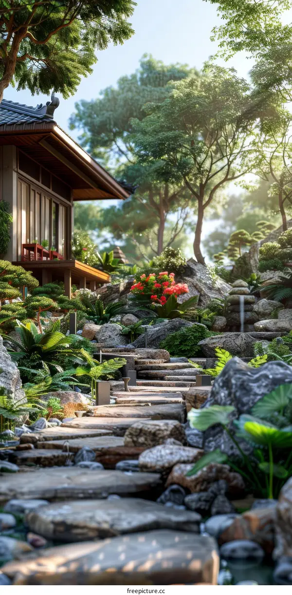 Tranquil Japanese Garden with Wooden House