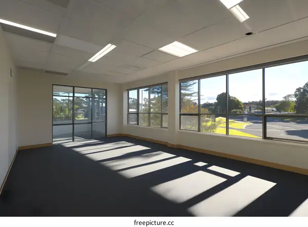 Empty Office Room With Large Windows And View Of Trees