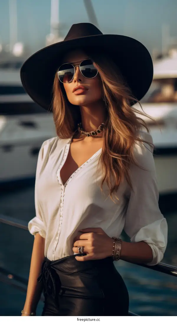 Elegant woman in a hat and sunglasses posing on a yacht
