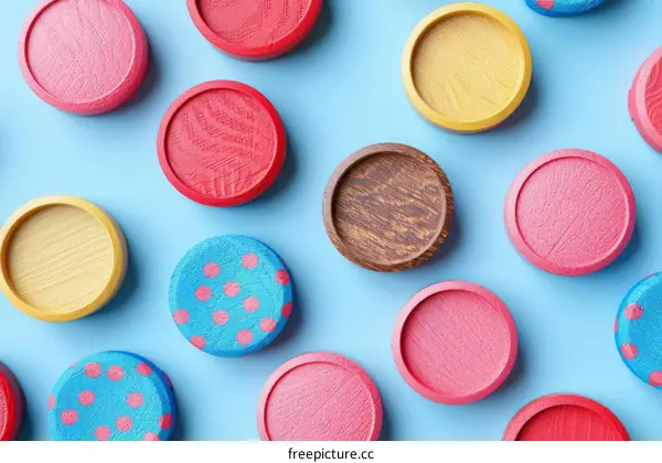 Colorful Wooden Checkers Pieces on Blue Background