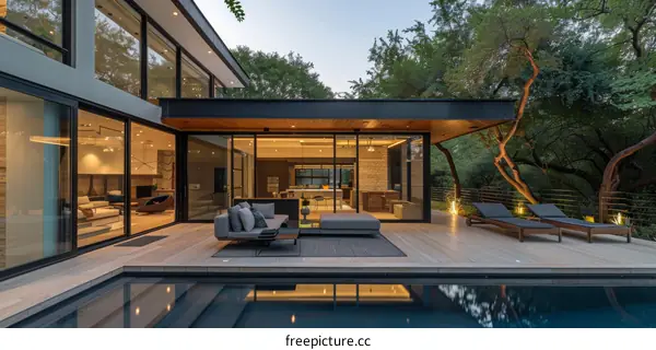 Modern House Exterior With Pool And Trees Overlooking Green Yard