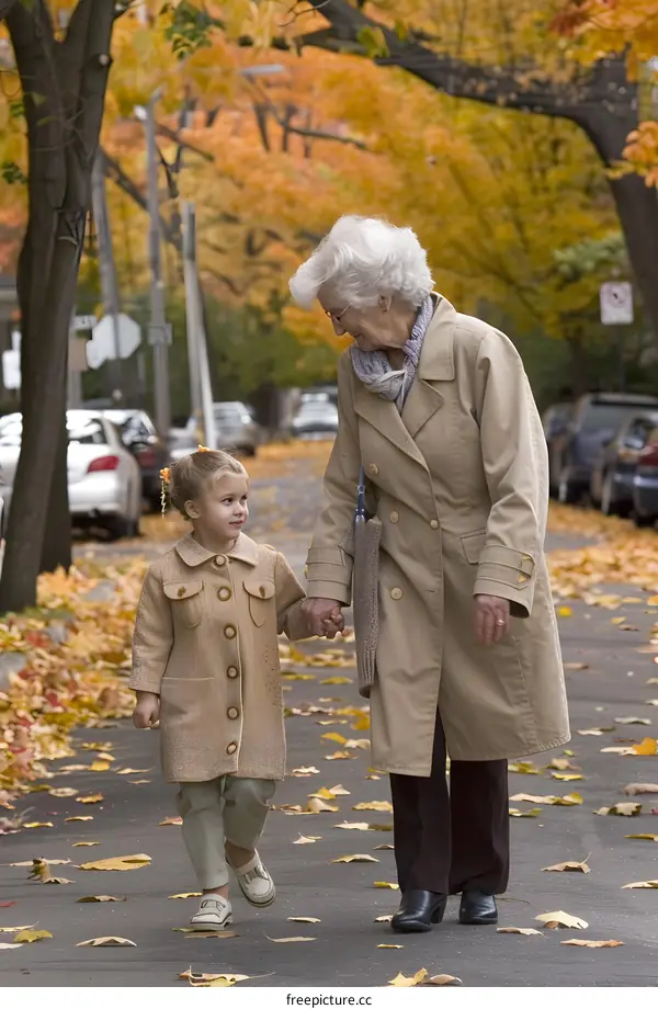 Grandmother and Granddaughter Walking in Fall