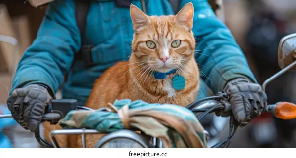 A ginger cat is sitting on a motorcycle.