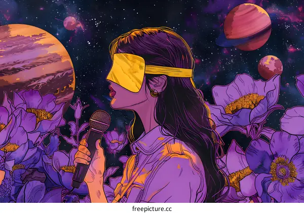 Blindfolded Woman Singing in Space with Flowers