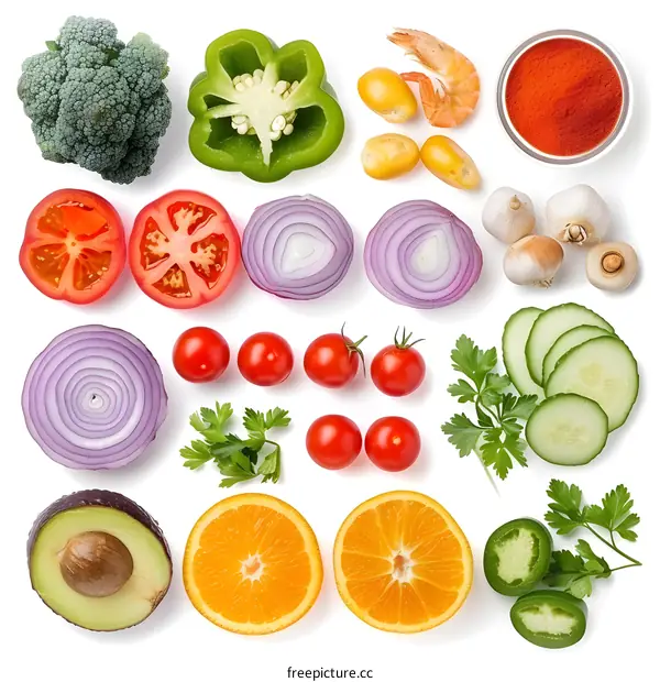 Fresh Vegetables and Fruits Isolated on White Background