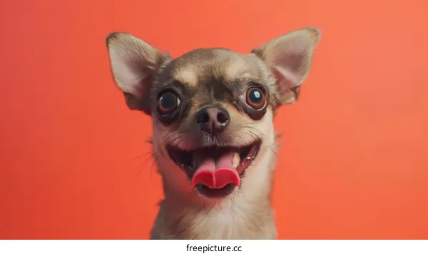 A joyful chihuahua with its tongue out in the studio with an orange background