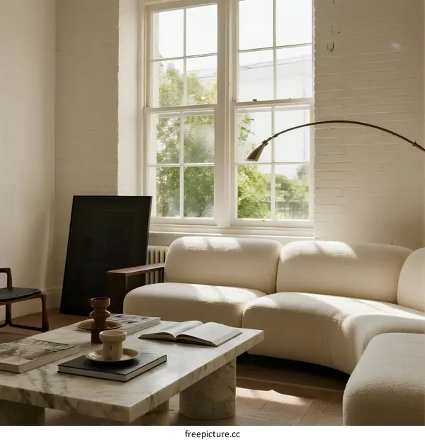 Spacious modern living room with large windows and comfortable sofa