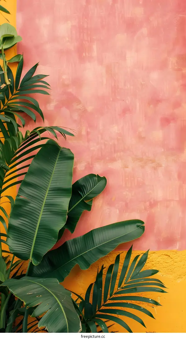 Tropical Leaves Against a Colorful Wall