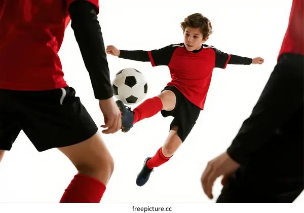 Young boy playing soccer with two other players