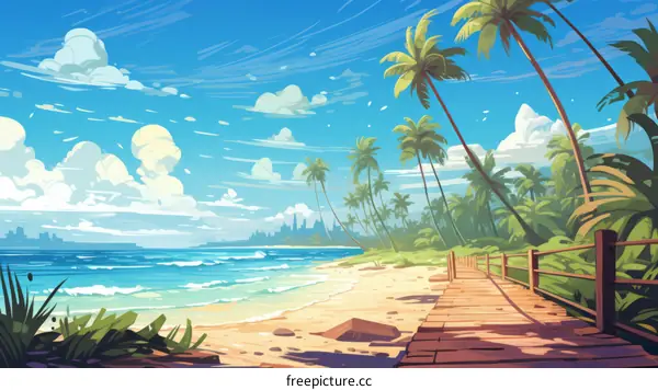 Wooden walkway through a tropical beach paradise