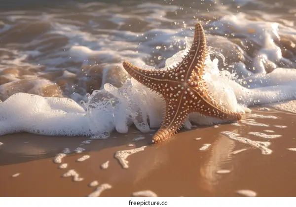 Amazing close up of a starfish on a beach with the surf in the background