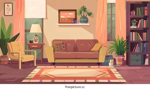 Cozy Living Room Interior Design with Sofa, Armchair and Bookshelf