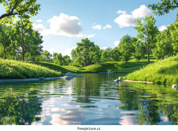 Tranquil River Flowing Through Serene Green Hills