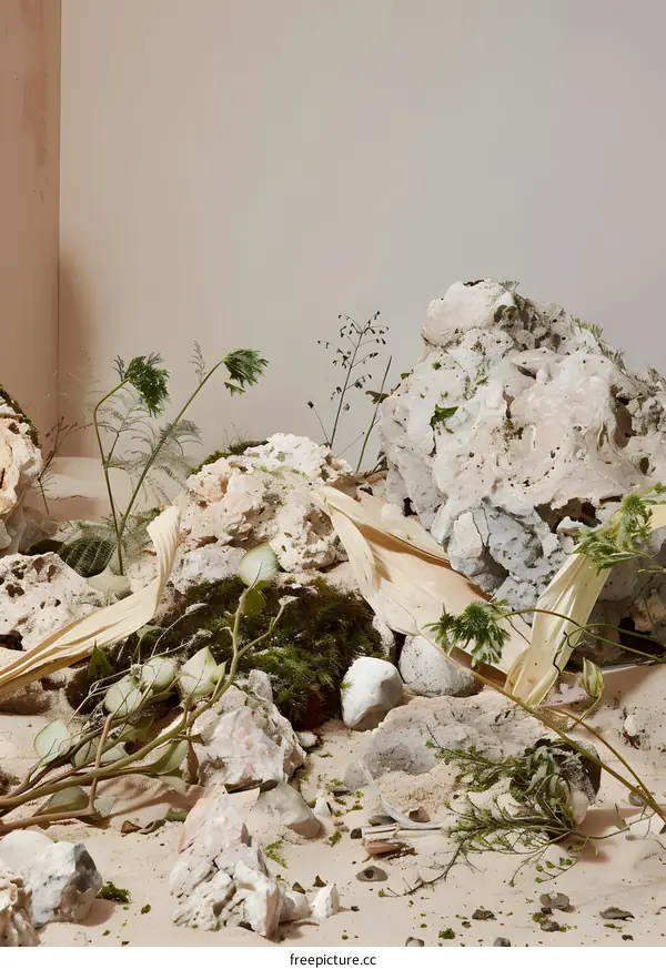 Sand and Stone Minimalist Still Life with Plants