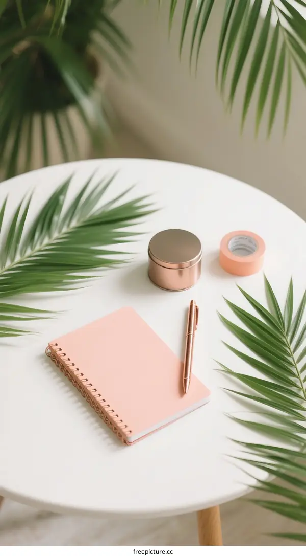 Minimalist workspace with pink notebook and green plant leaves