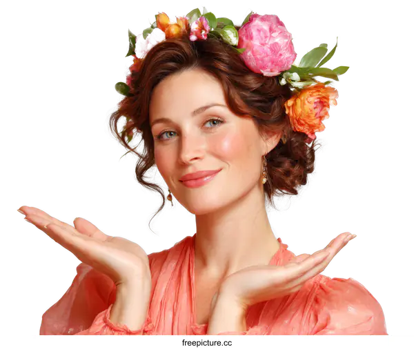[Transparent Background PNG]Woman with floral crown presenting something