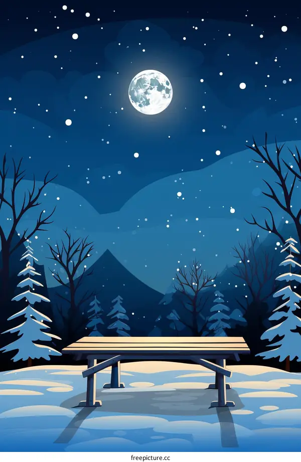 A Solitary Bench in a Snowy Forest Glows Under the Moon's Light