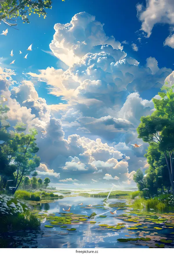 Blue sky and white clouds over lake and forest