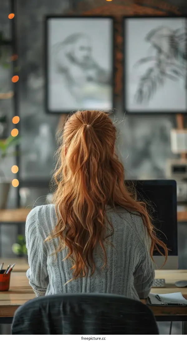 Woman with Long Red Hair Working on Laptop