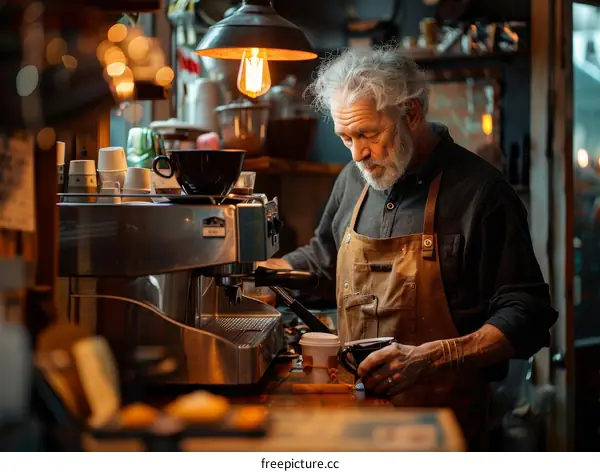 Thoughtful barista making coffee with coffee machine in cafe