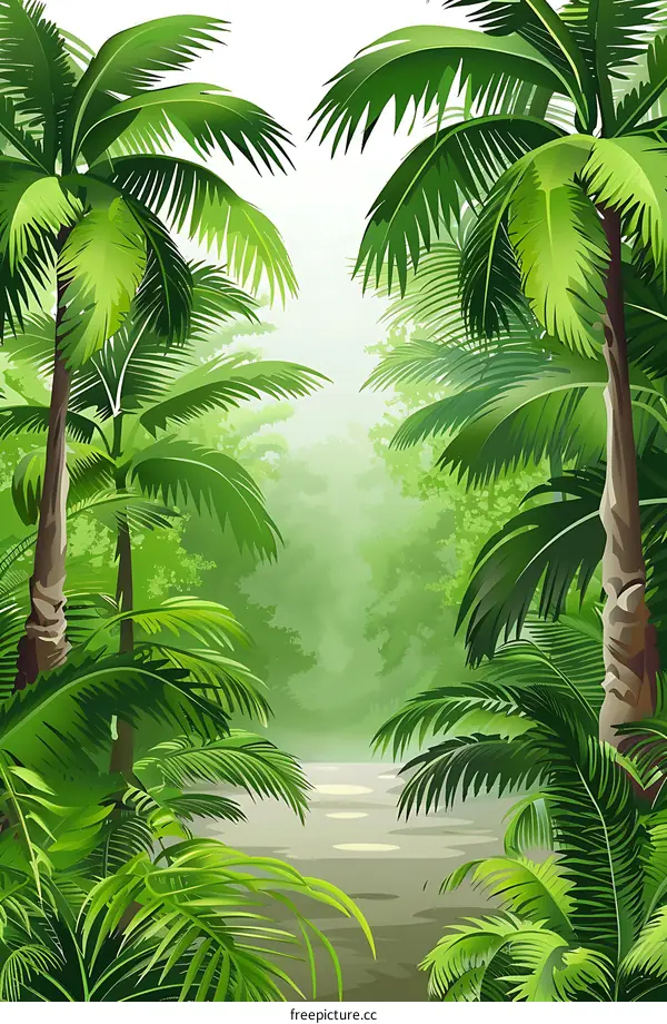 Tropical Rainforest Background with Palm Trees