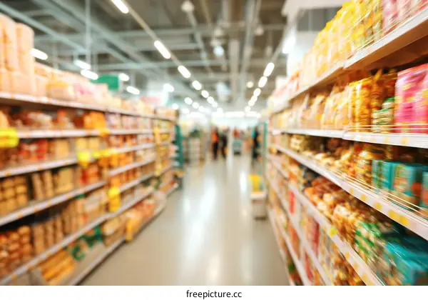 Blurred Supermarket Aisles with Various Foods