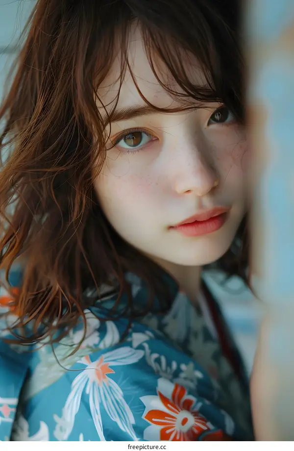 Close Up Portrait of Young Woman with Freckles and Brown Hair