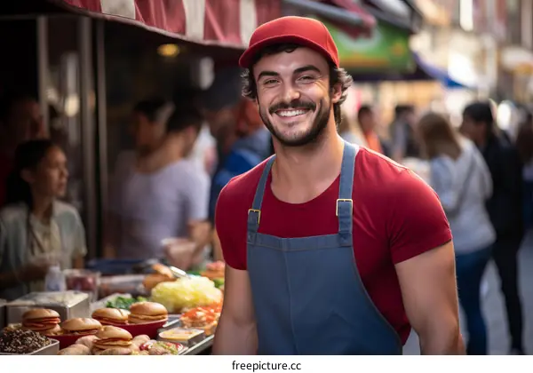 Portrait of a happy male food vendor wearing a red cap and apron standing in front of a display of sandwiches