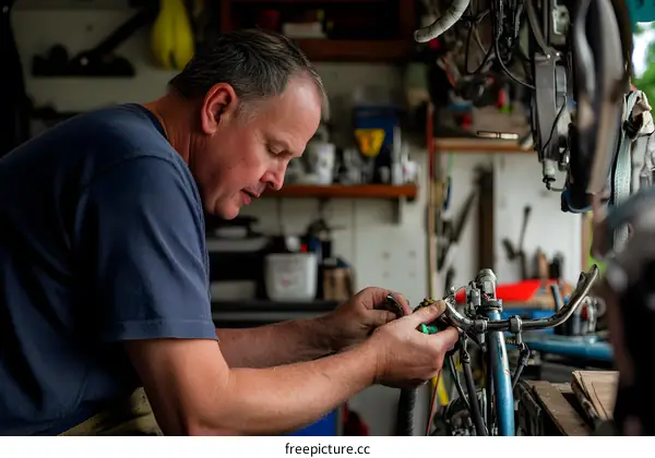 Man Fixing Bicycle in Garage