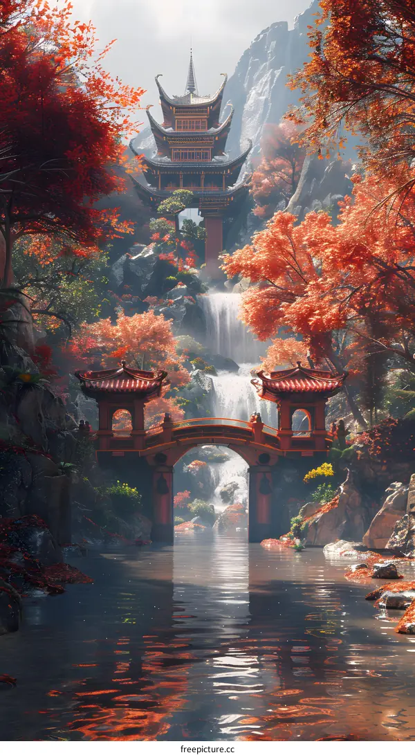 red maple leaves and bridges in the oriental courtyard