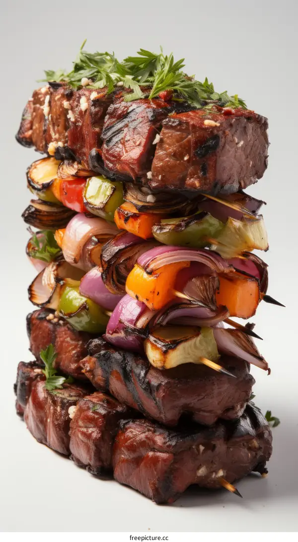 Beef and vegetable skewers stacked on top of each other