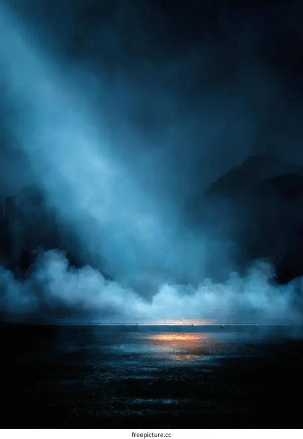 Mysterious Night Scene with Fog and Spotlight