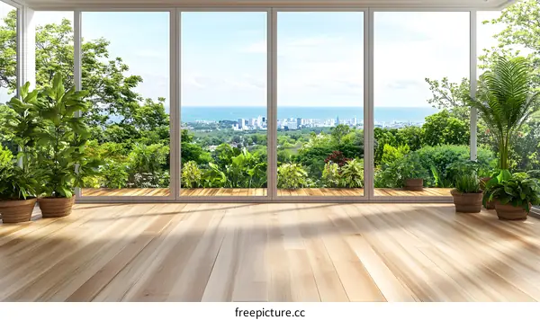 Empty Room With Large Window Showing City View