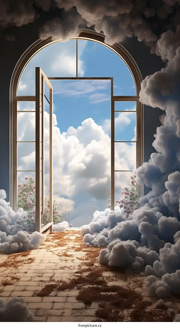 Surrealism painting of a room with a door open to a blue sky