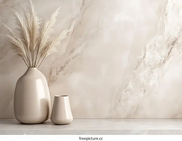 Minimalist Beige Vases With Dried Pampas Grass On Marble Wall