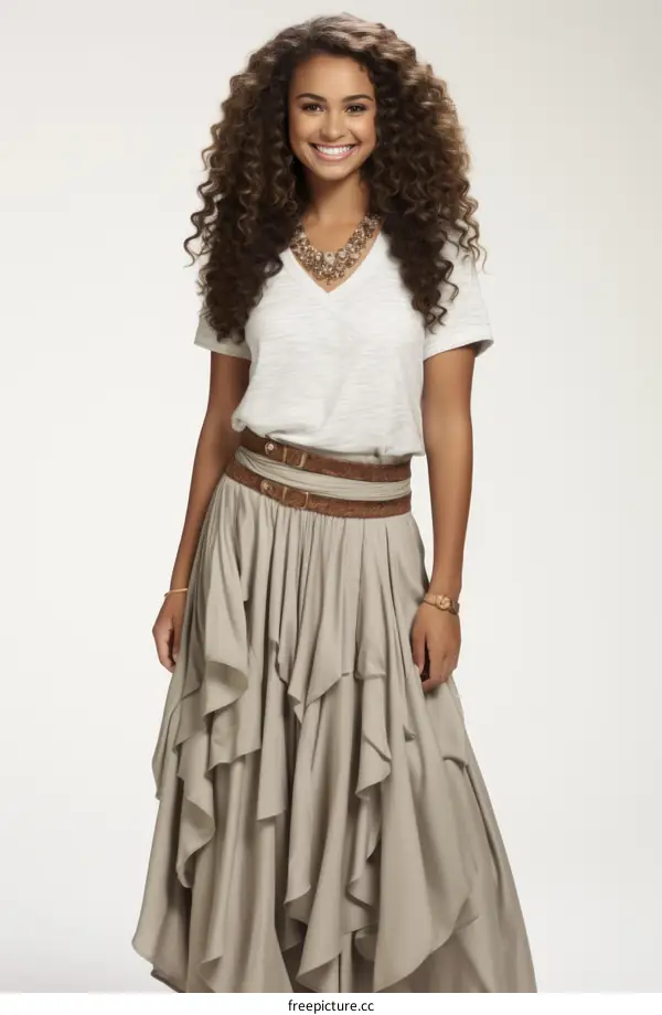 A young woman with curly hair and a brown skirt