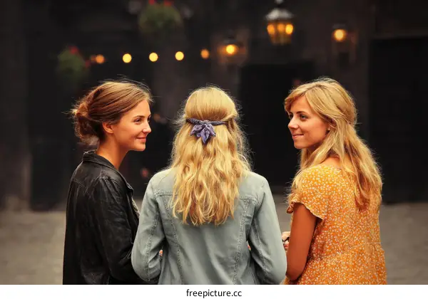 Three Caucasian women enjoying conversation outdoors